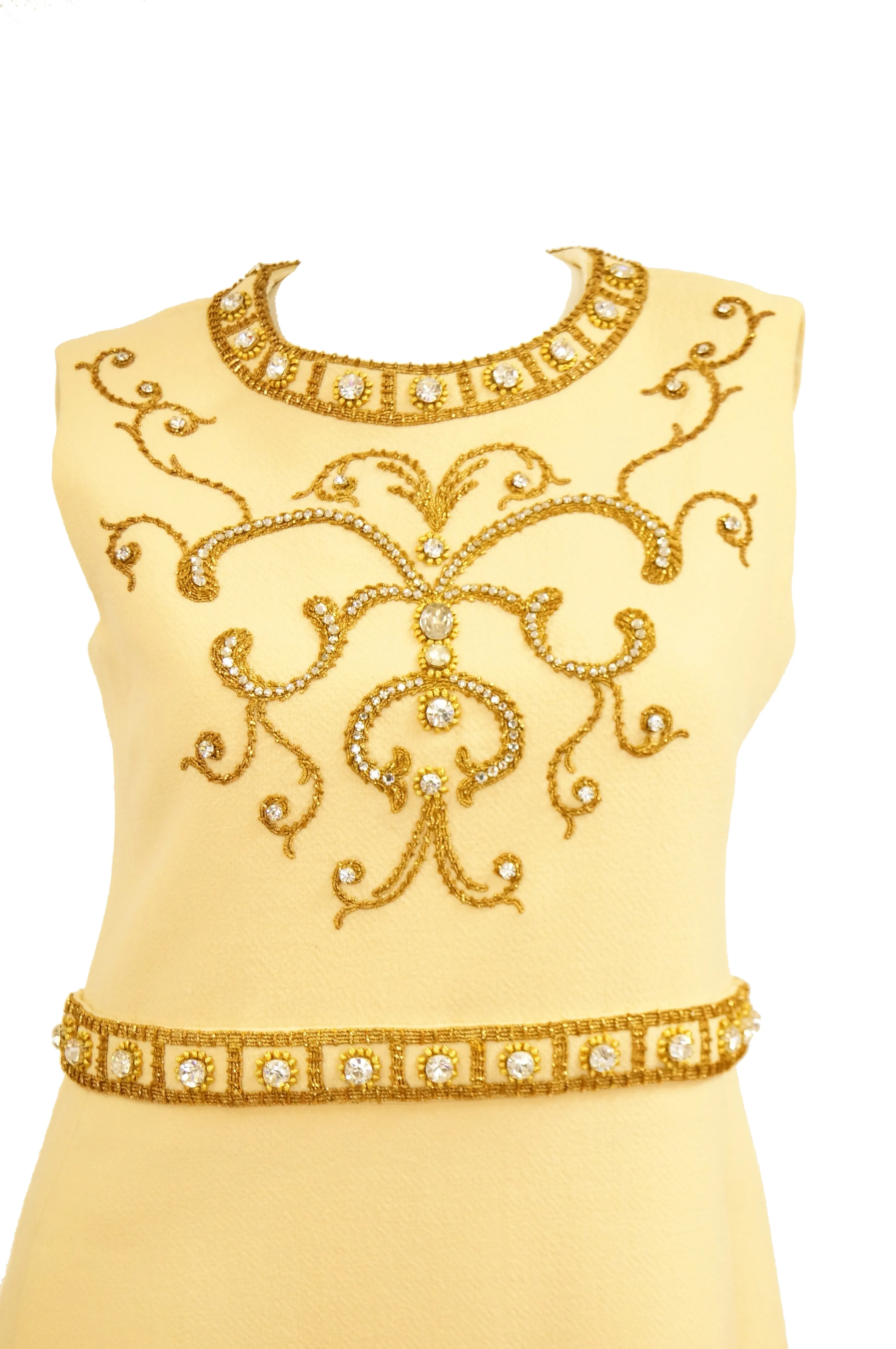 1960s Couture Cardinali Mod Shift Dress W/ Rhinestones & Gold Passementerie