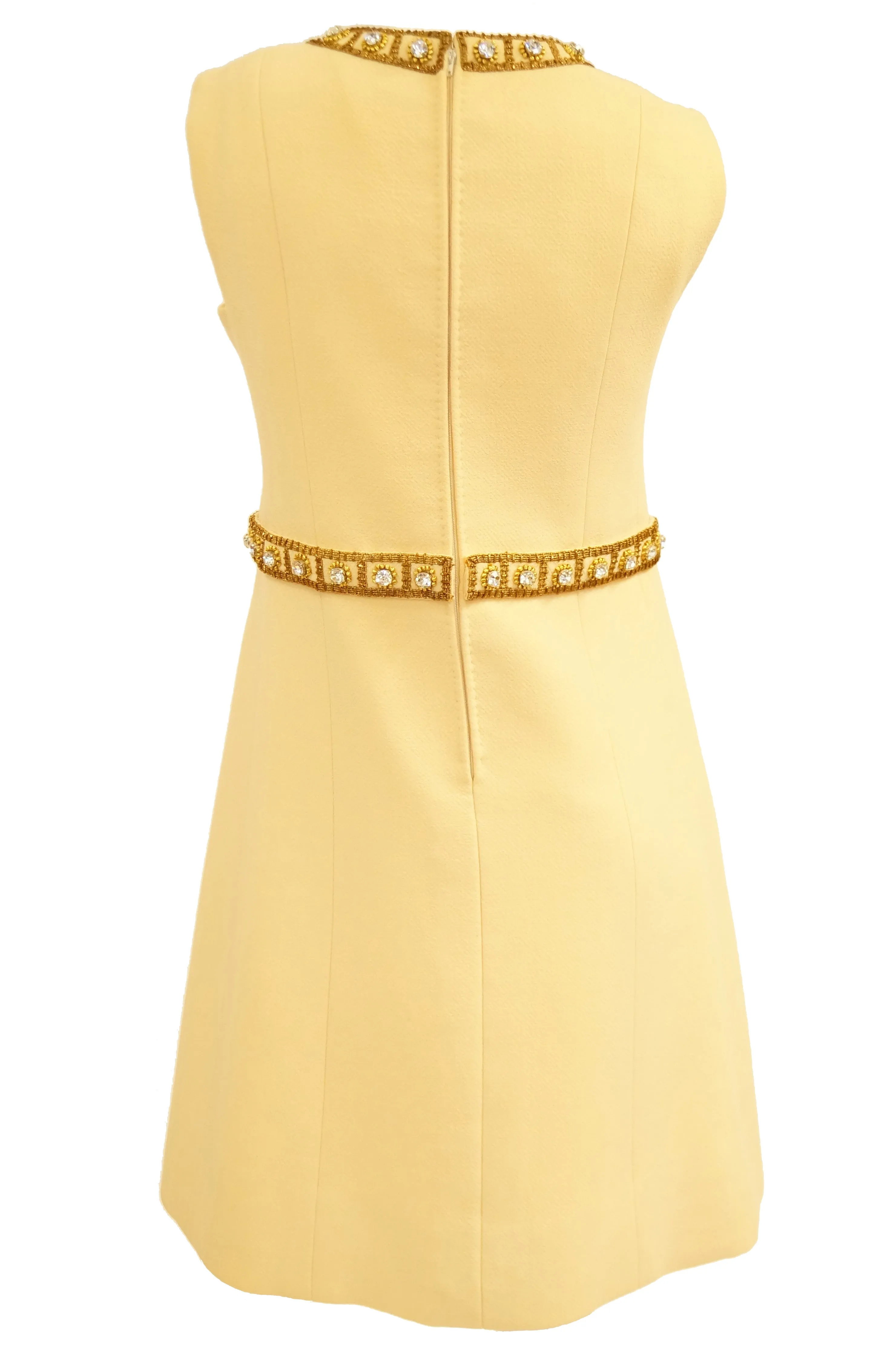 1960s Couture Cardinali Mod Shift Dress W/ Rhinestones & Gold Passementerie