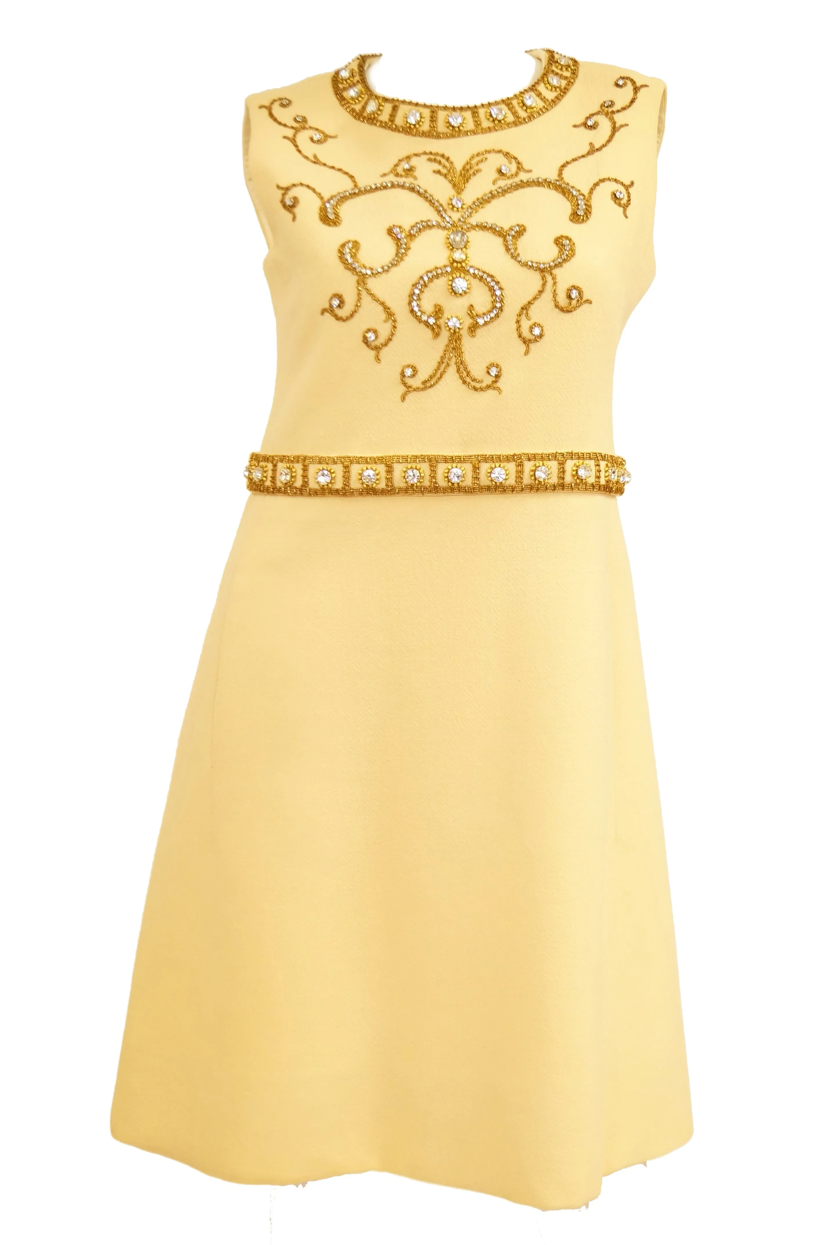 1960s Couture Cardinali Mod Shift Dress W/ Rhinestones & Gold Passementerie