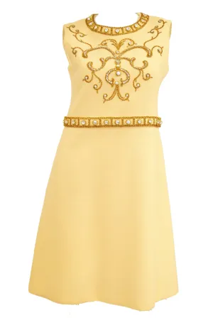 1960s Couture Cardinali Mod Shift Dress W/ Rhinestones & Gold Passementerie