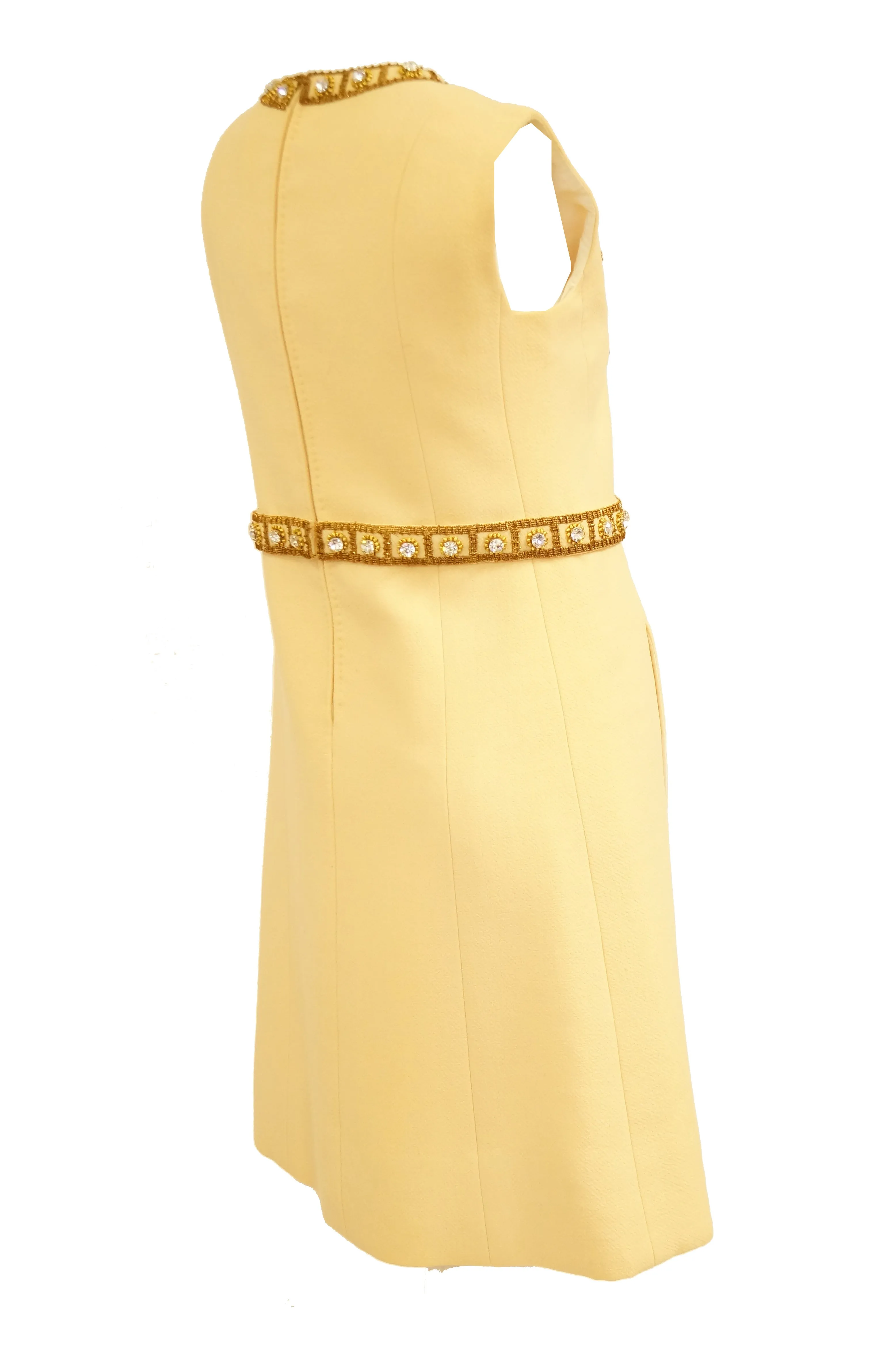 1960s Couture Cardinali Mod Shift Dress W/ Rhinestones & Gold Passementerie