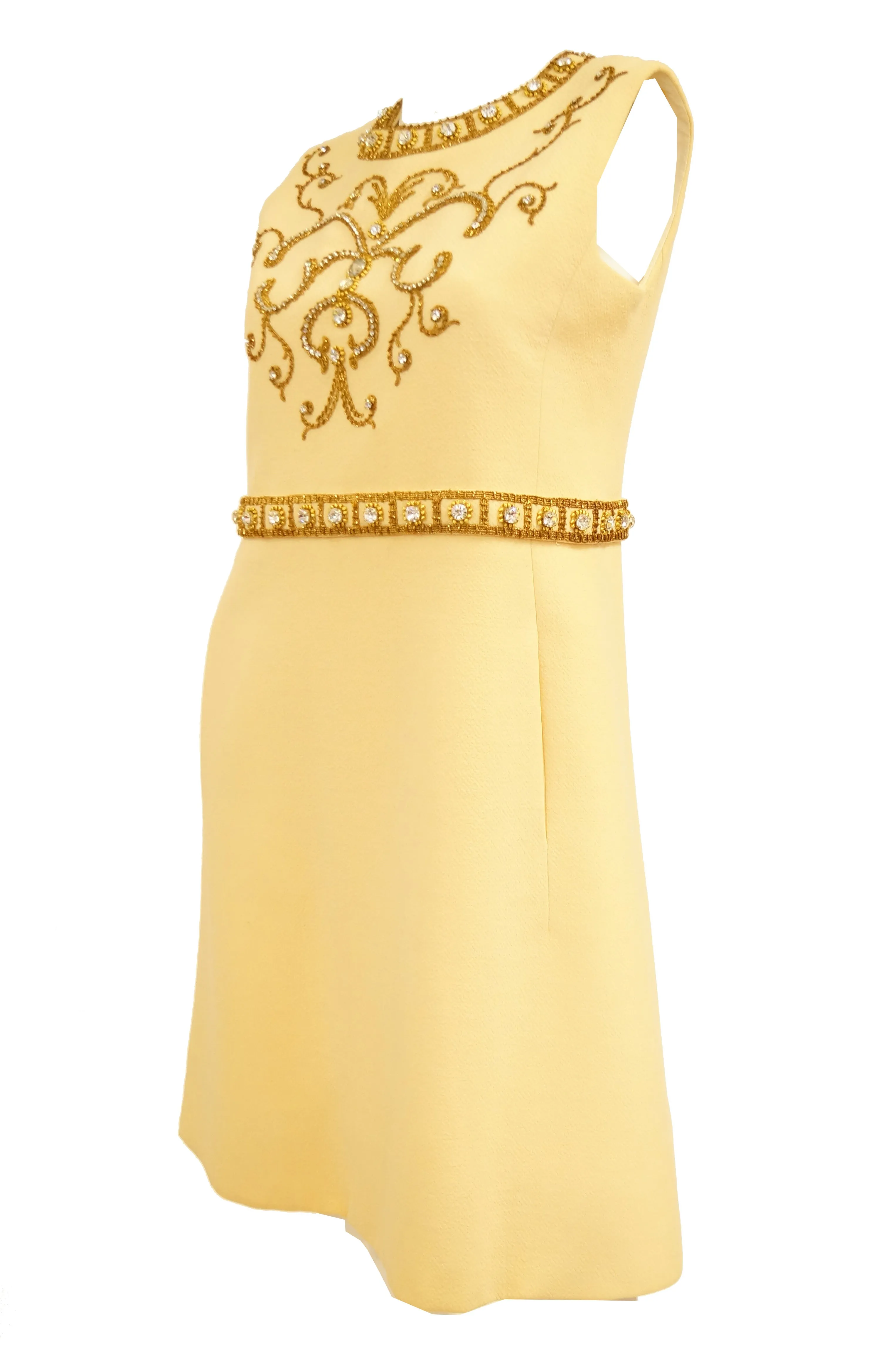 1960s Couture Cardinali Mod Shift Dress W/ Rhinestones & Gold Passementerie