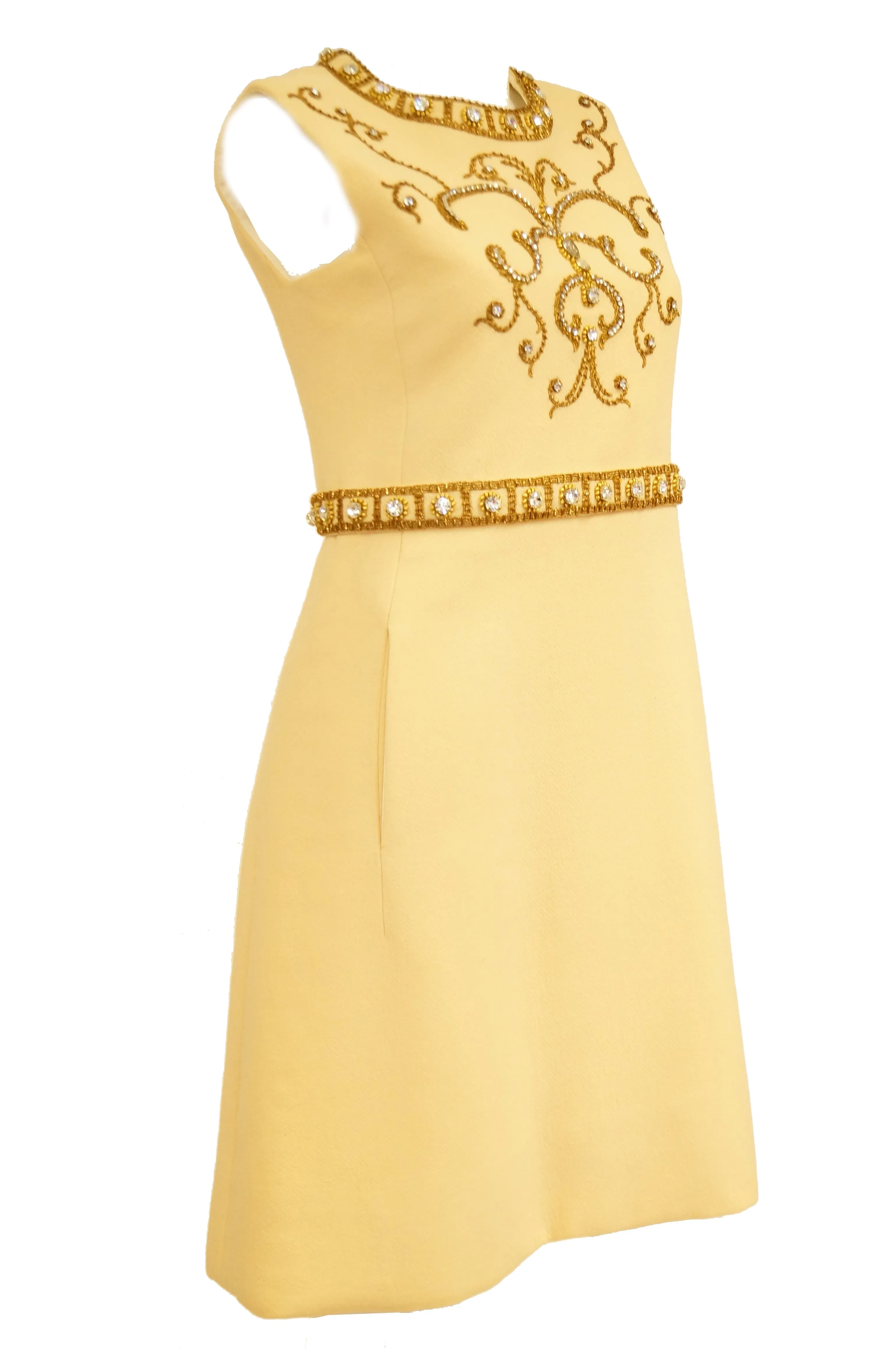 1960s Couture Cardinali Mod Shift Dress W/ Rhinestones & Gold Passementerie