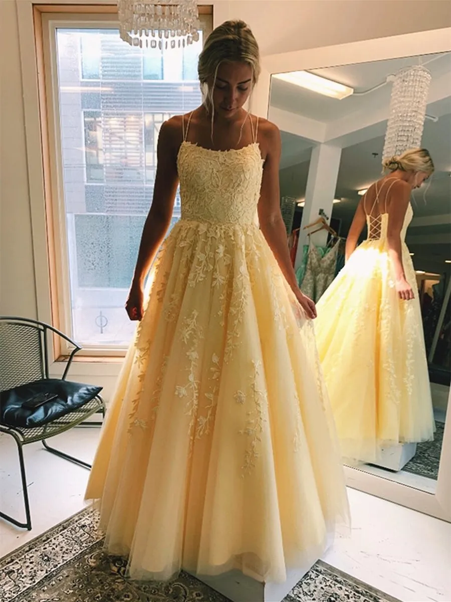 A Line Floor Length Long Yellow Lace Prom, Yellow Lace Formal Graduation Evening