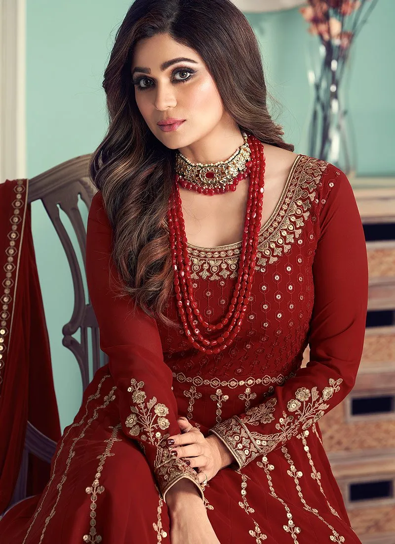 Anarkali Gown in Red Featuring Shamita Shetty