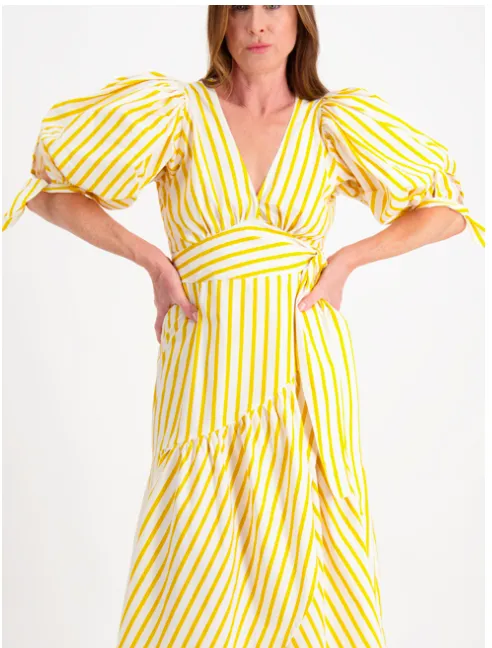 Ariana Wrap Dress in Yellow & White Stripe