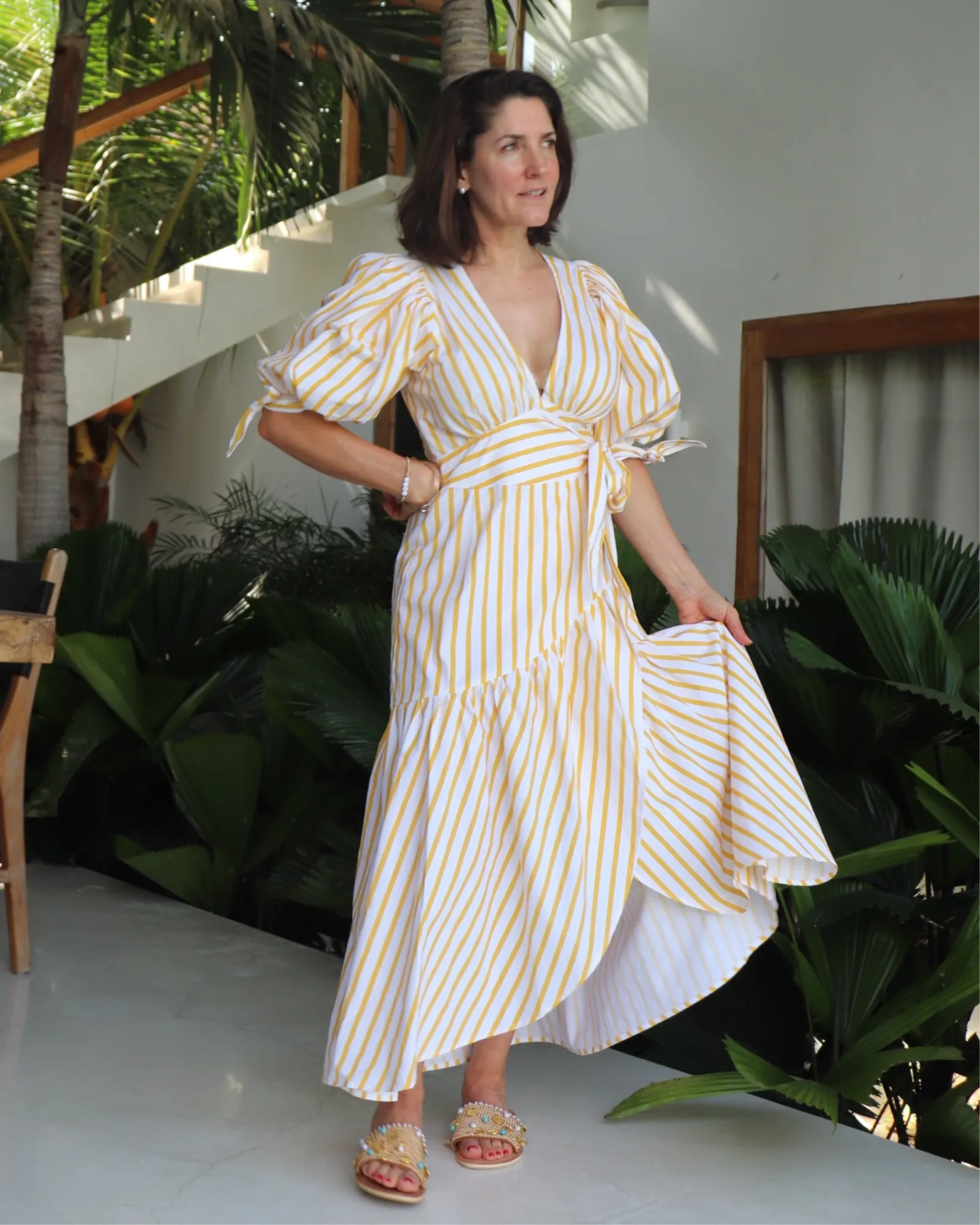 Ariana Wrap Dress in Yellow & White Stripe