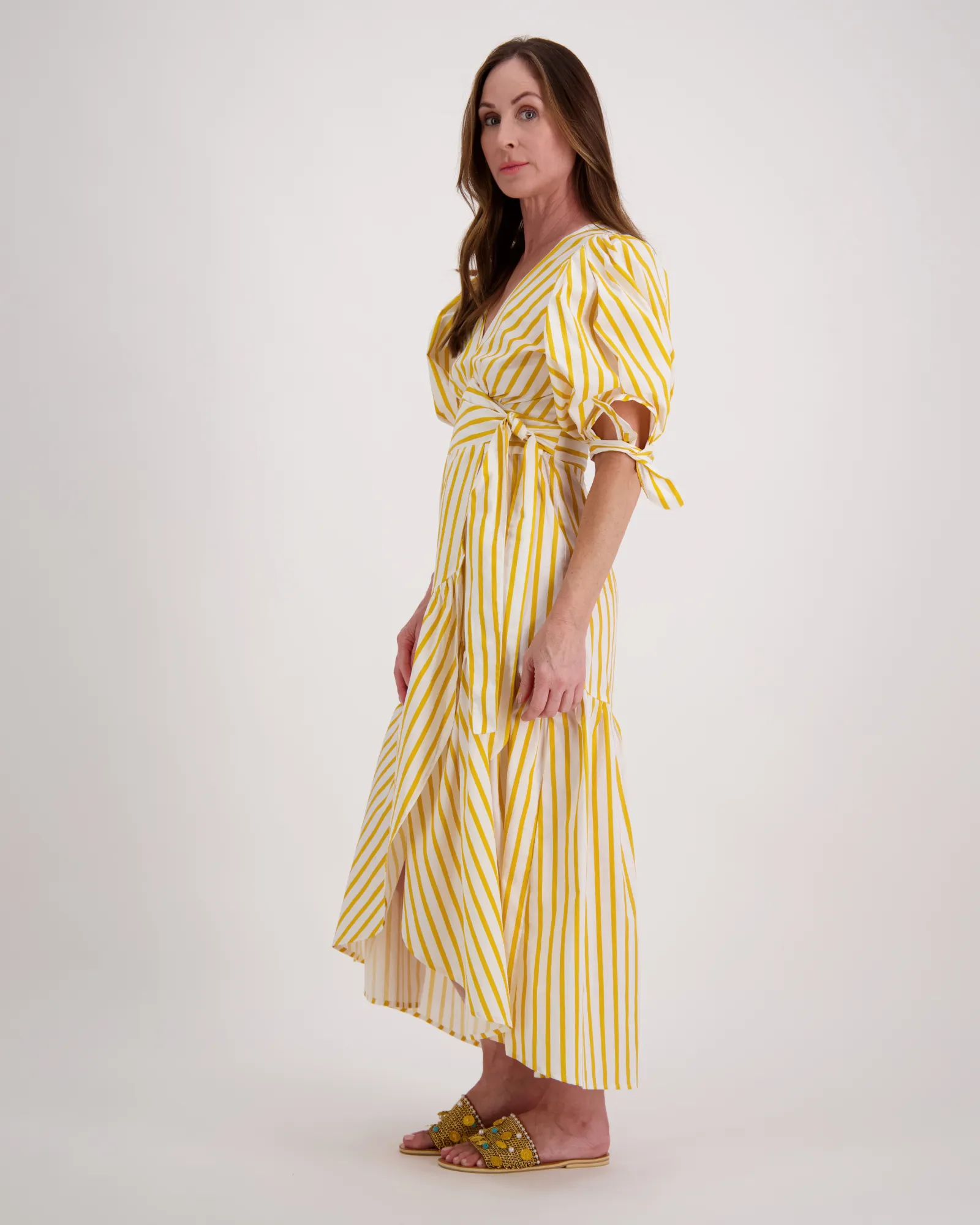 Ariana Wrap Dress in Yellow & White Stripe