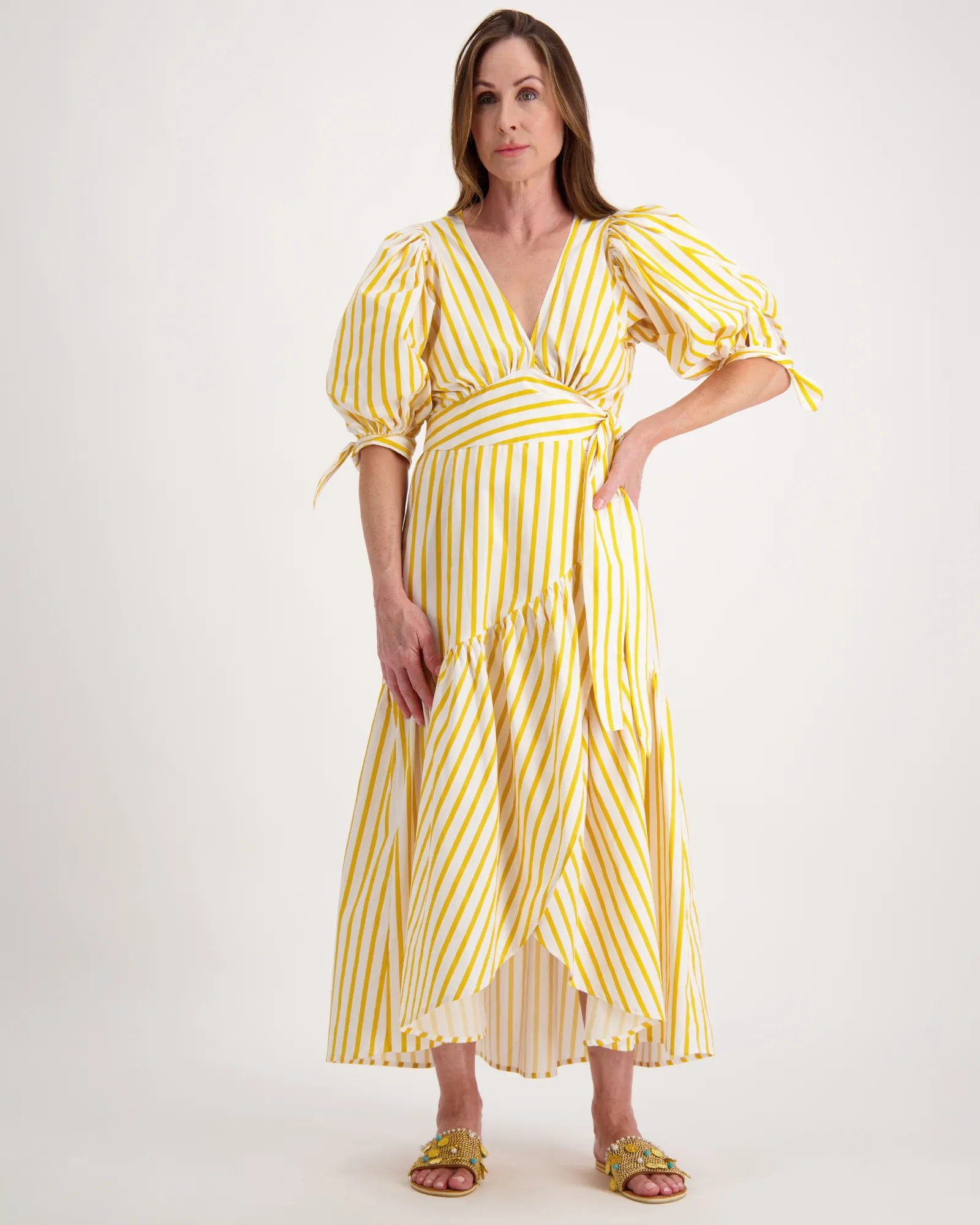 Ariana Wrap Dress in Yellow & White Stripe