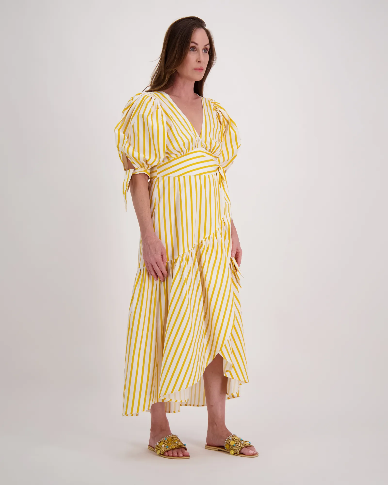 Ariana Wrap Dress in Yellow & White Stripe