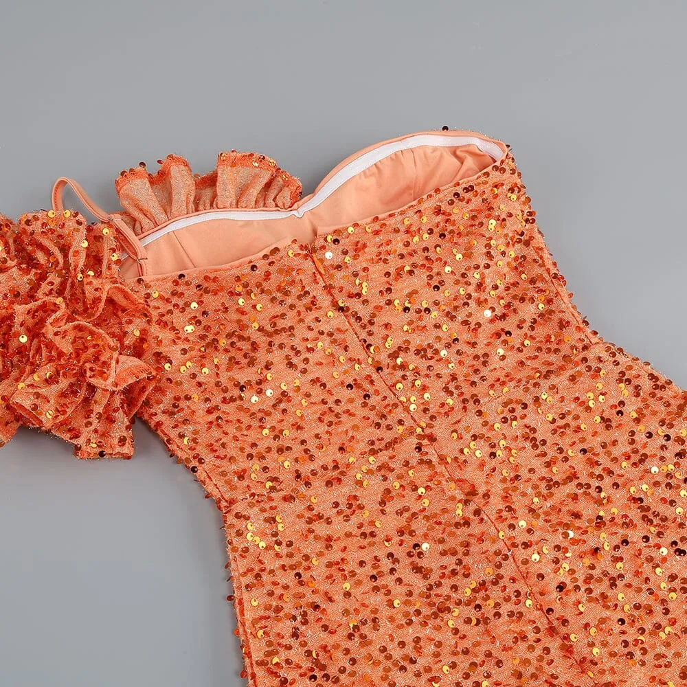 ASYMMETRIC SEQUIN MAXI DRESS IN ORANGE