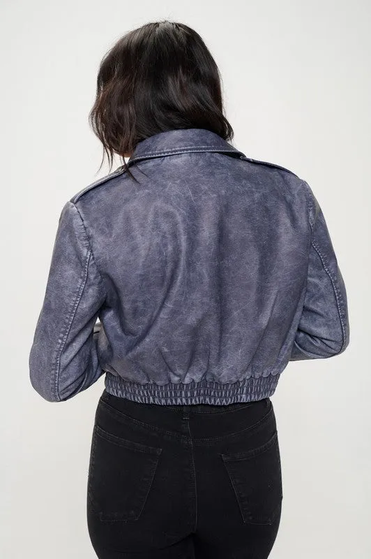 Avery Vegan Leather Cropped Bomber Jacket Navy