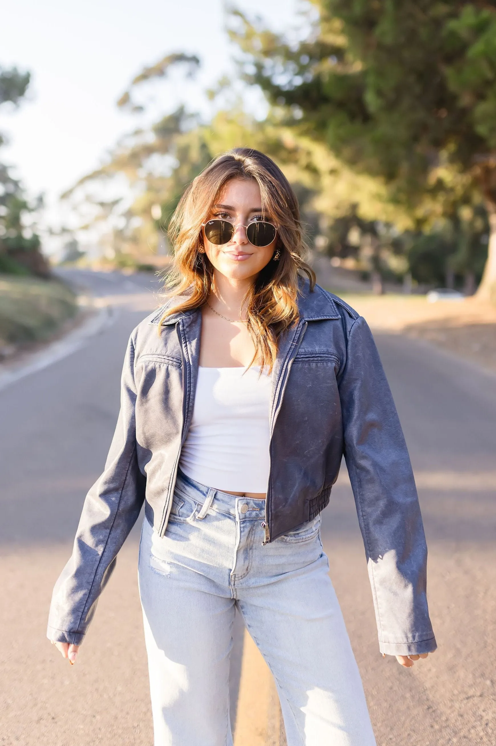 Avery Vegan Leather Cropped Bomber Jacket Navy