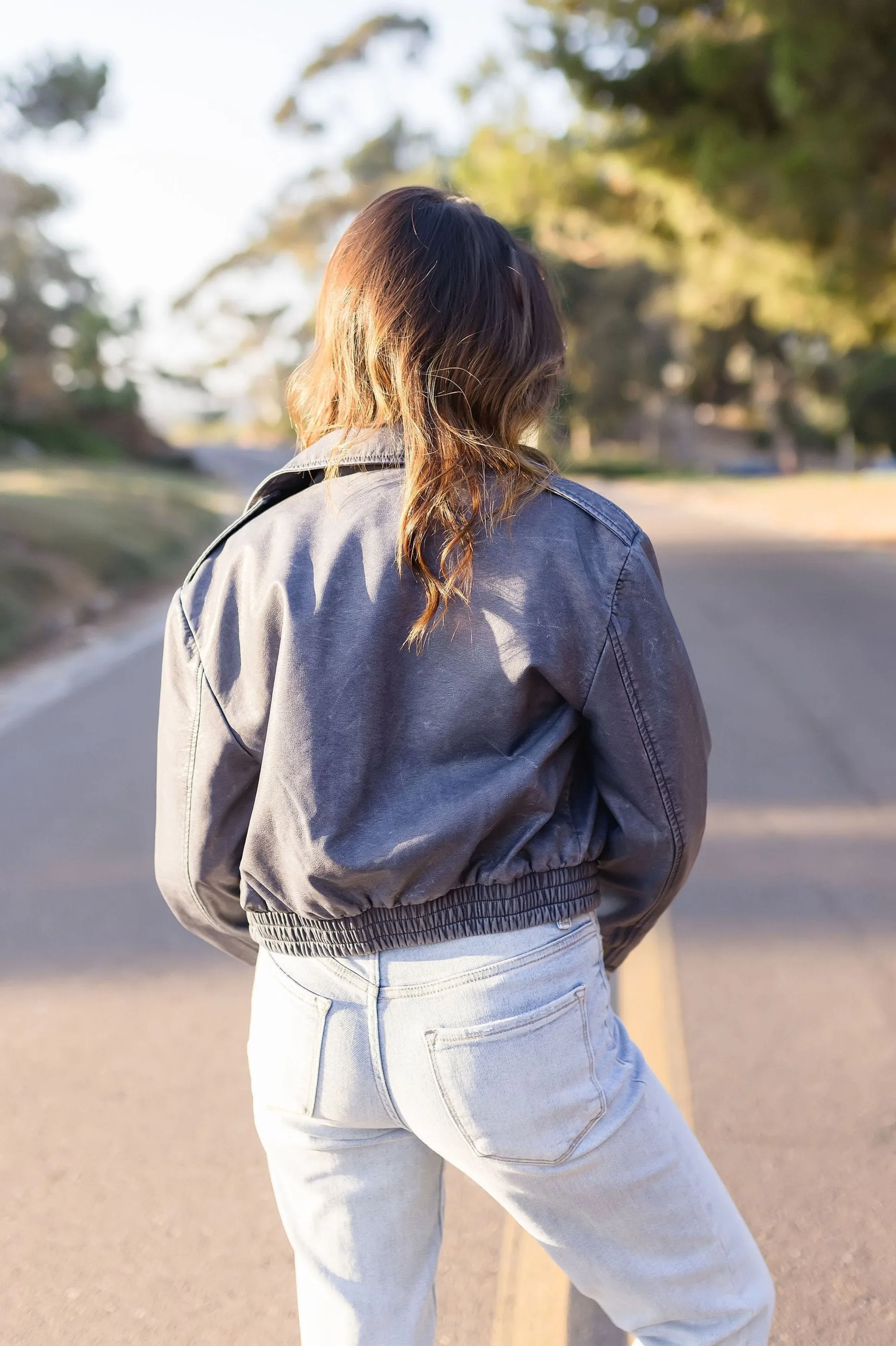 Avery Vegan Leather Cropped Bomber Jacket Navy