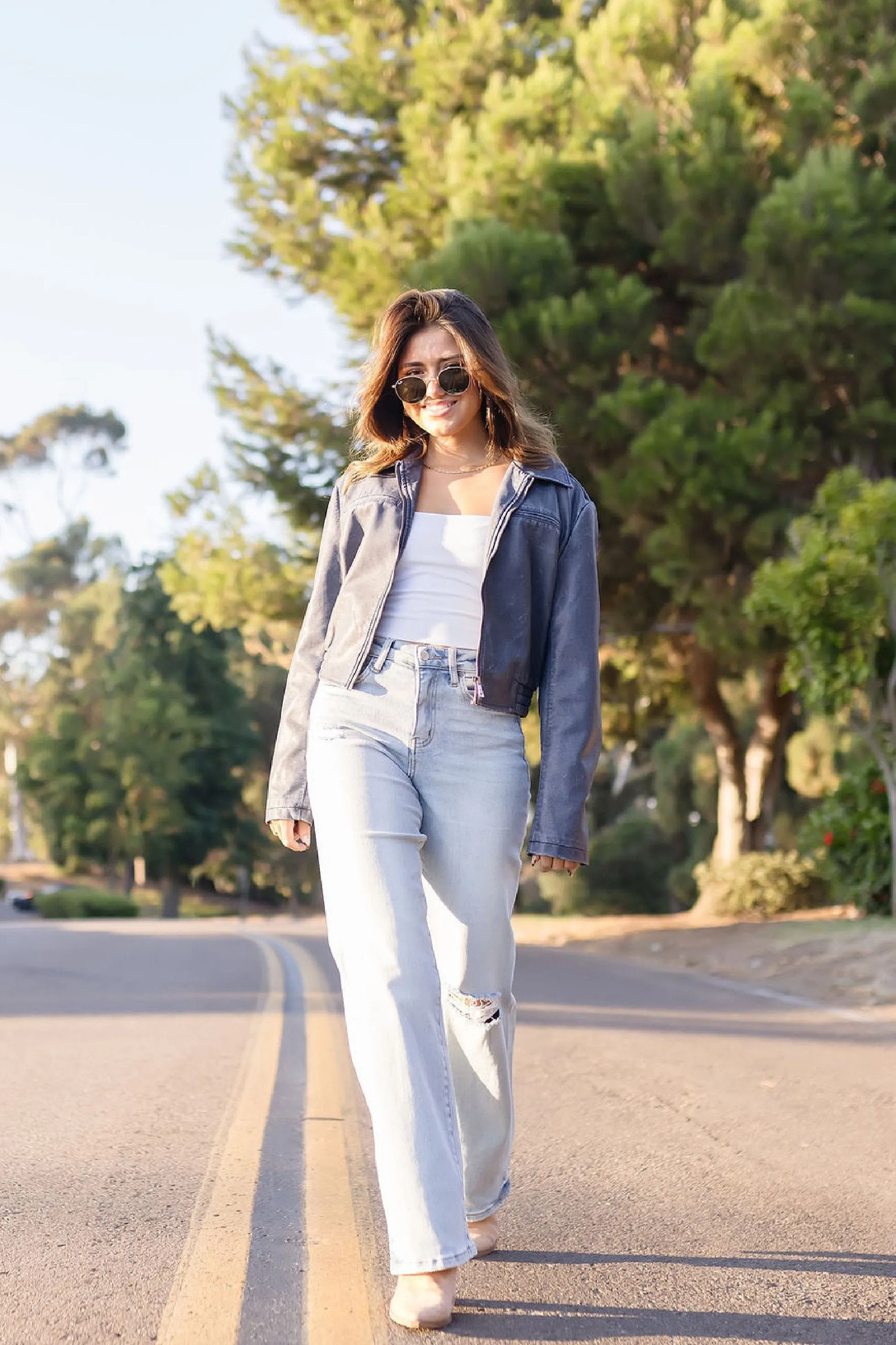 Avery Vegan Leather Cropped Bomber Jacket Navy