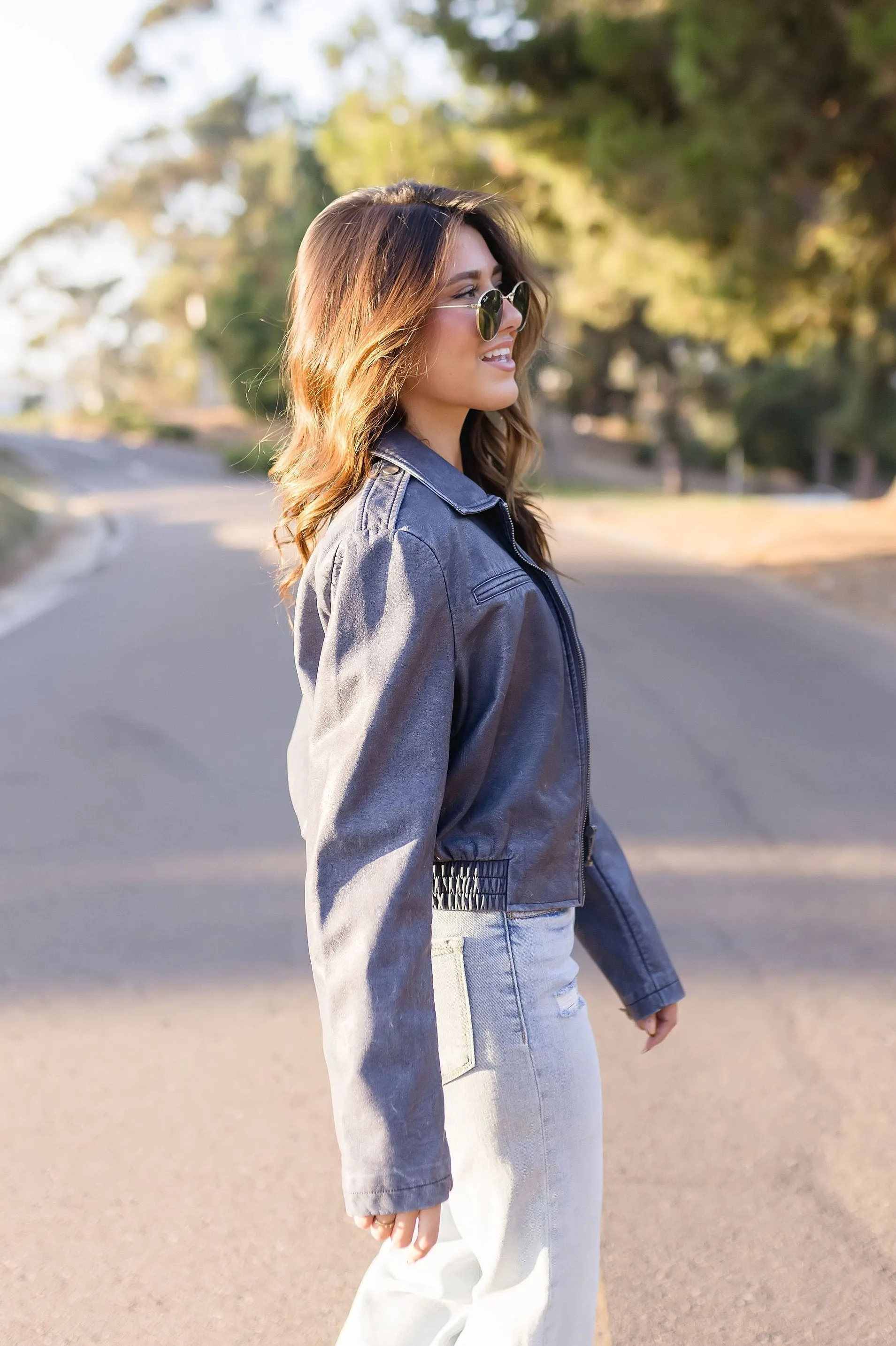 Avery Vegan Leather Cropped Bomber Jacket Navy