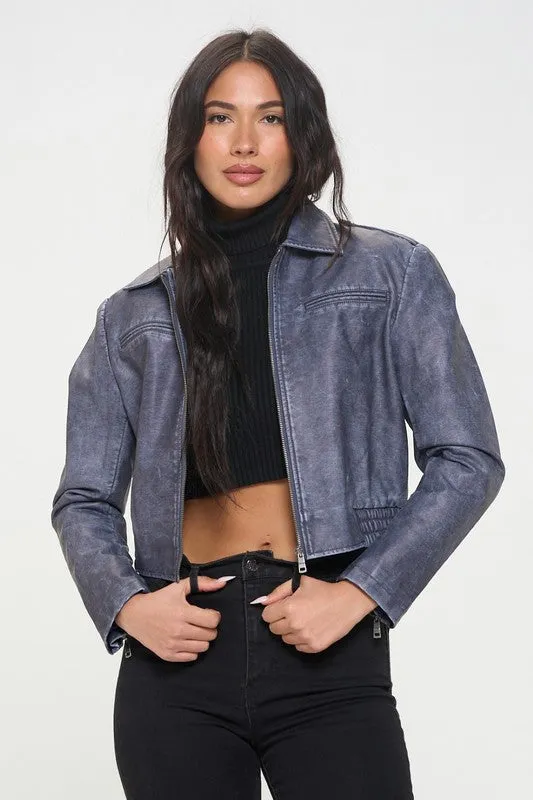 Avery Vegan Leather Cropped Bomber Jacket Navy