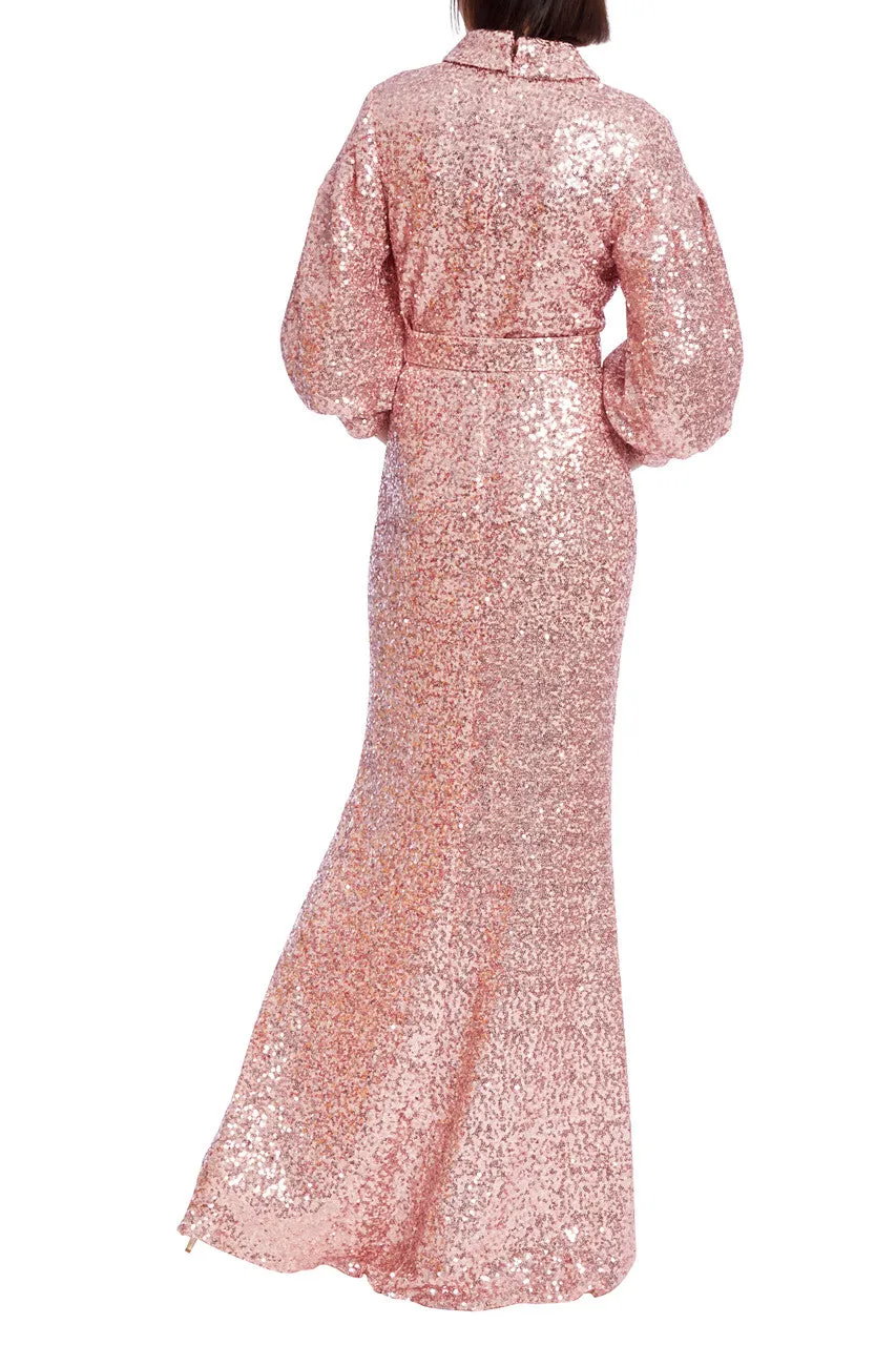 Badgley Mischka collared V-neck blouson sleeve belted zipper closure sequined gown