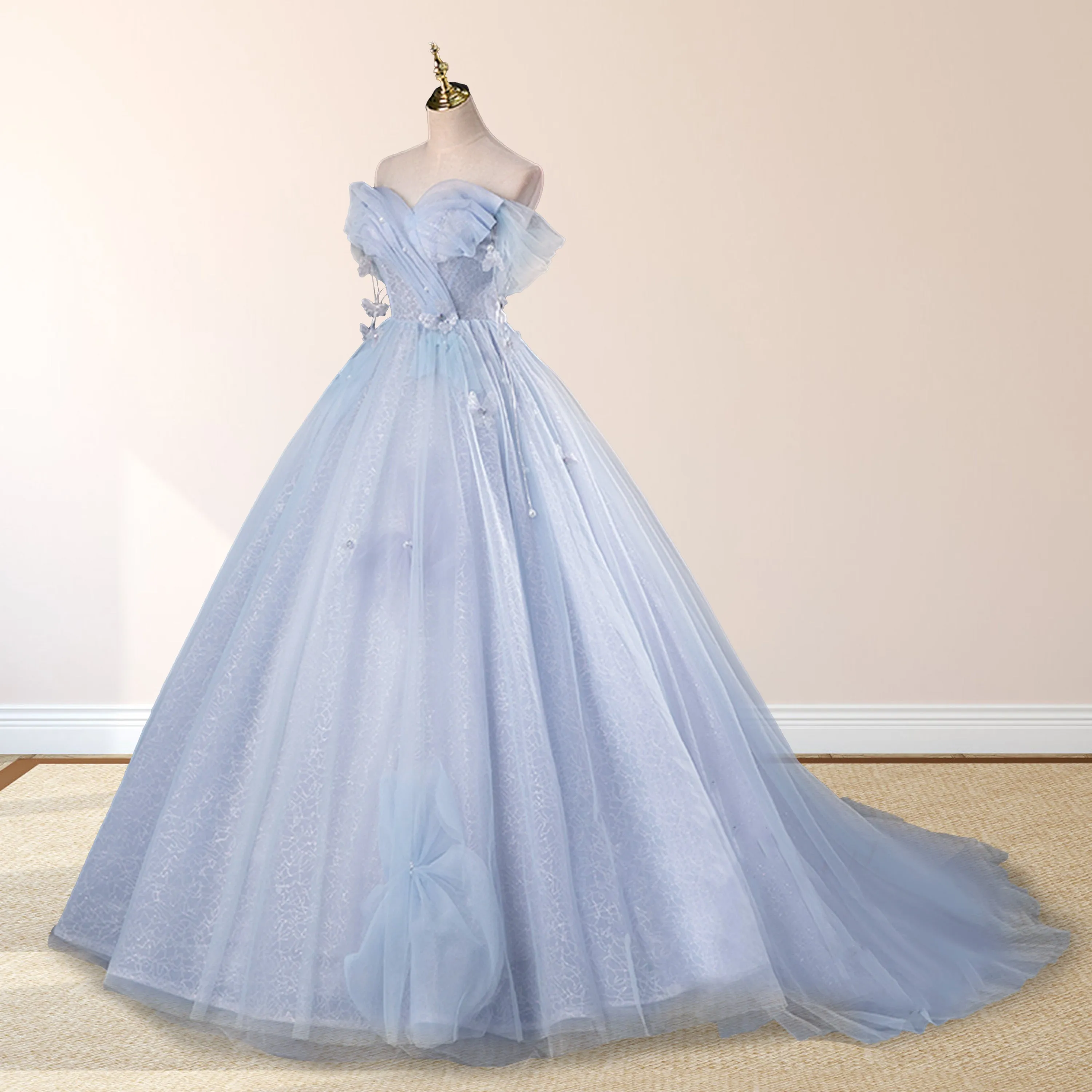 Ball-Gown Tulle Sweetheart Floor-Length Pearls Butterflies Quinceanera Dress with Appliqued