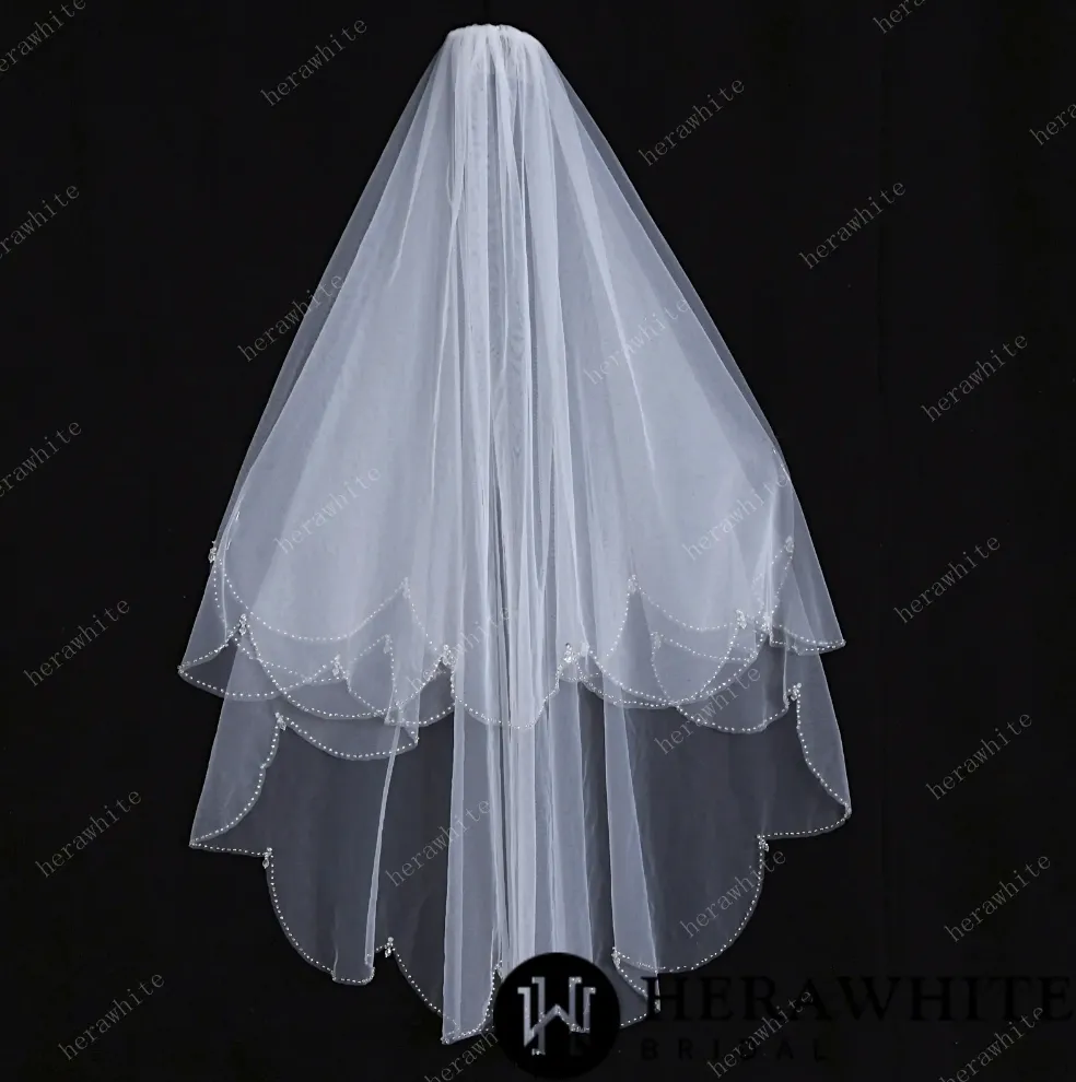 Beaded Two-tiered Fingertip Length Wedding Veil