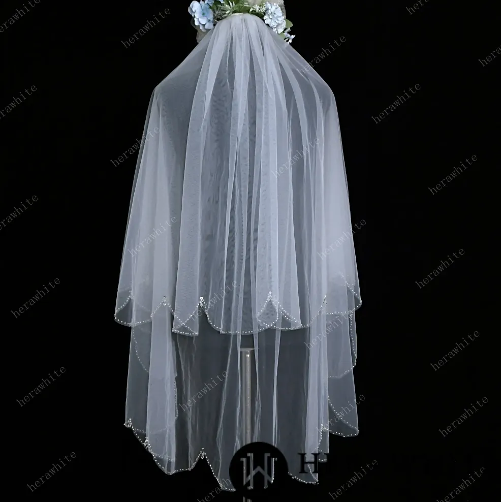 Beaded Two-tiered Fingertip Length Wedding Veil