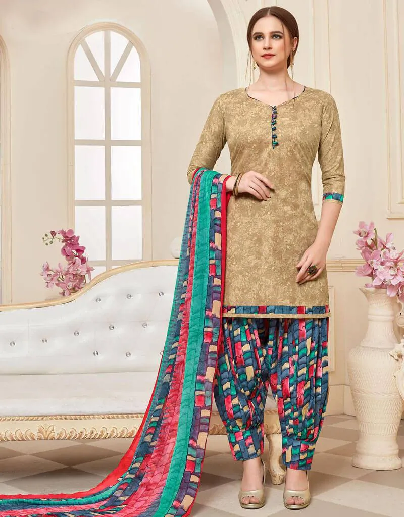 Beige Cotton Patiyala Suit