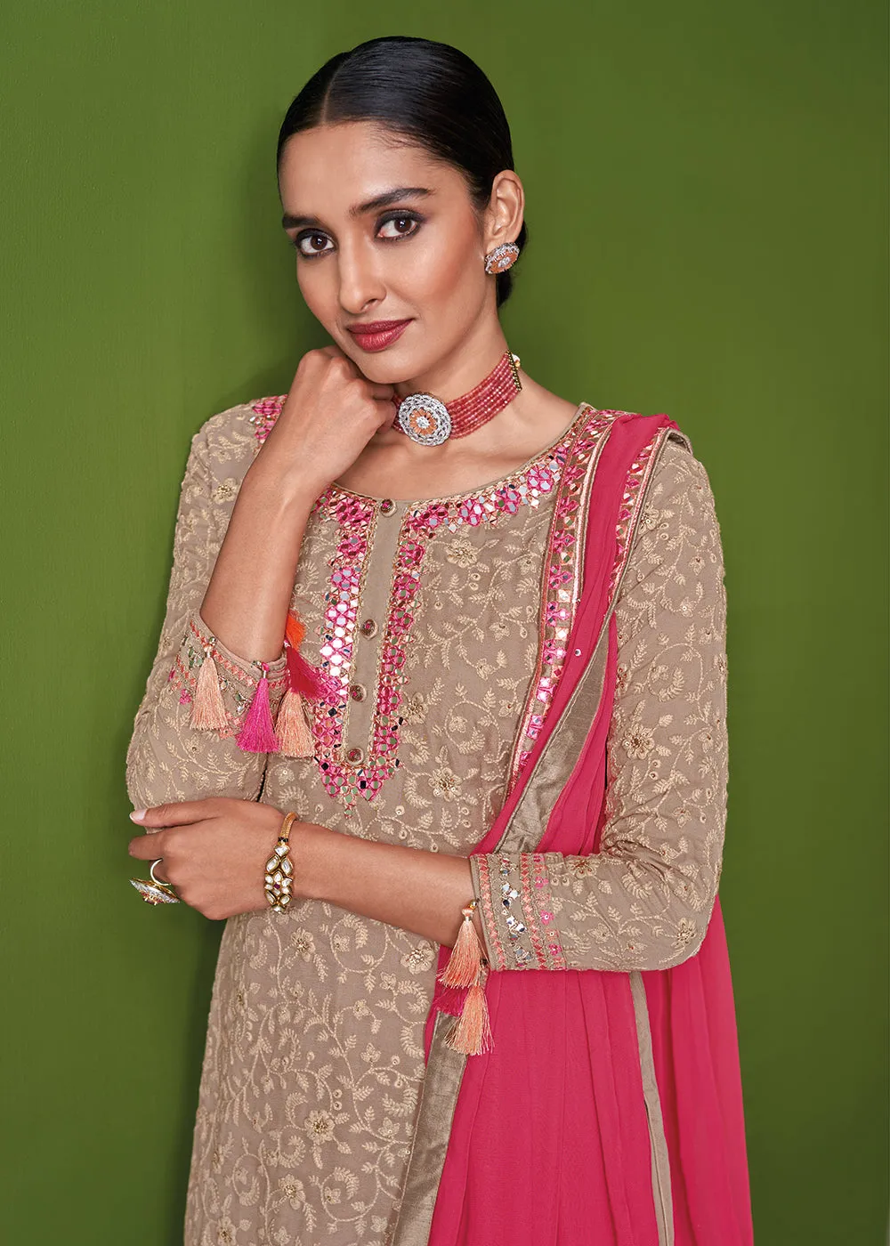 Beige Mauve Beautifully Embroidered Festive Palazzo Suit