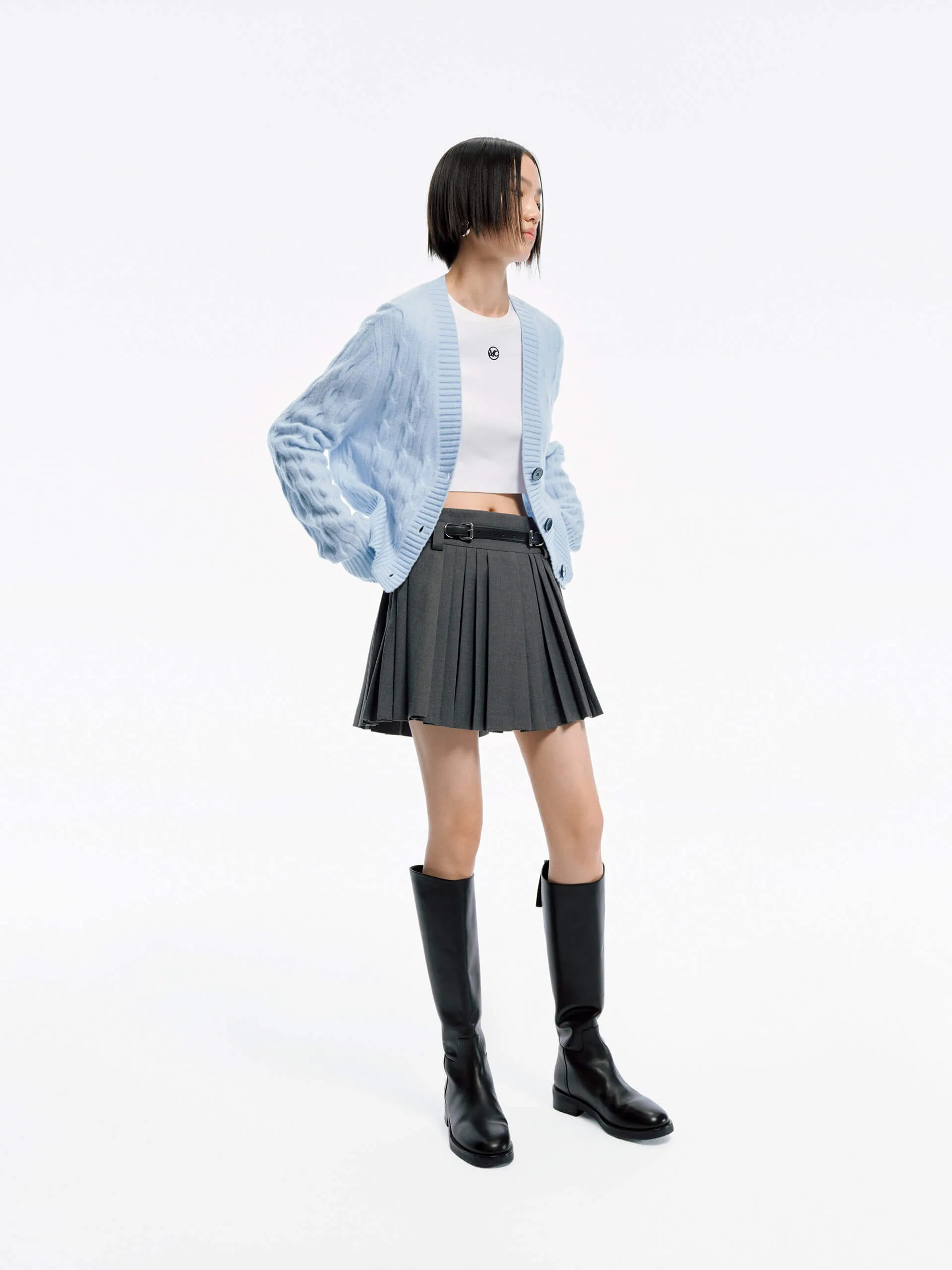 Belt Pleated Mini Skirt