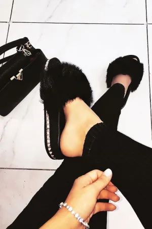 Black Fluffy Faux Fur Studded Sole Sliders -Margy