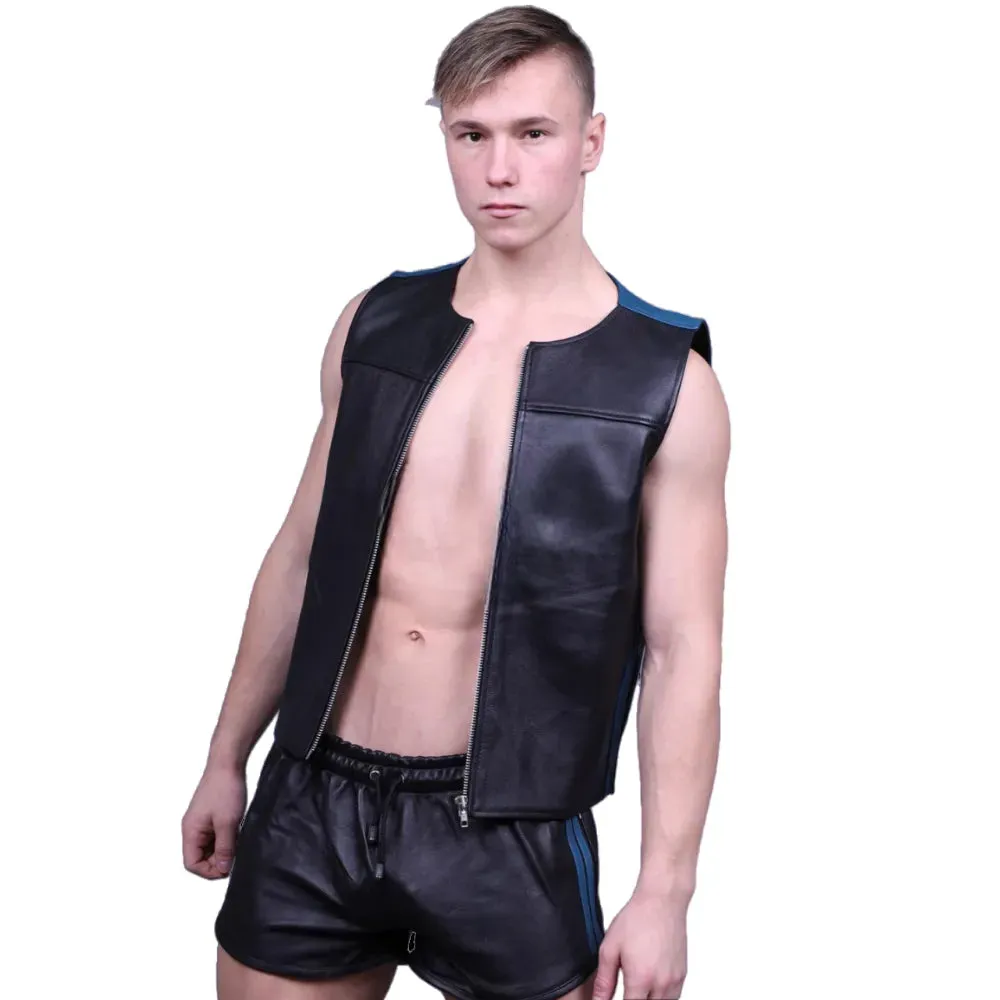 Black Gay Leather Zipper Vest With Blue Panels