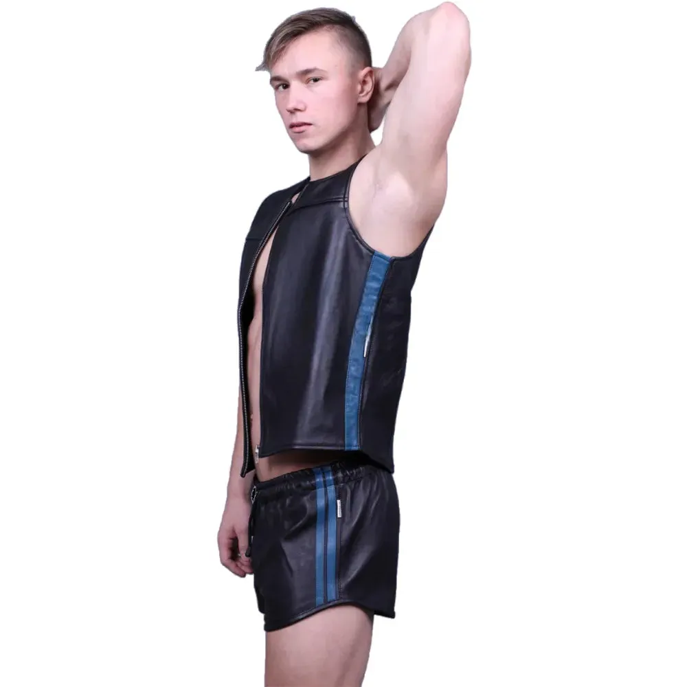 Black Gay Leather Zipper Vest With Blue Panels