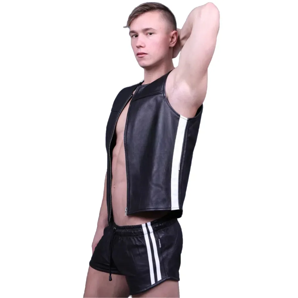 Black Gay Leather Zipper Vest With White Panels