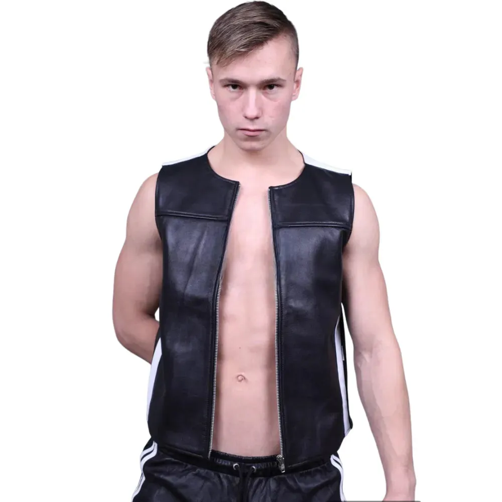 Black Gay Leather Zipper Vest With White Panels