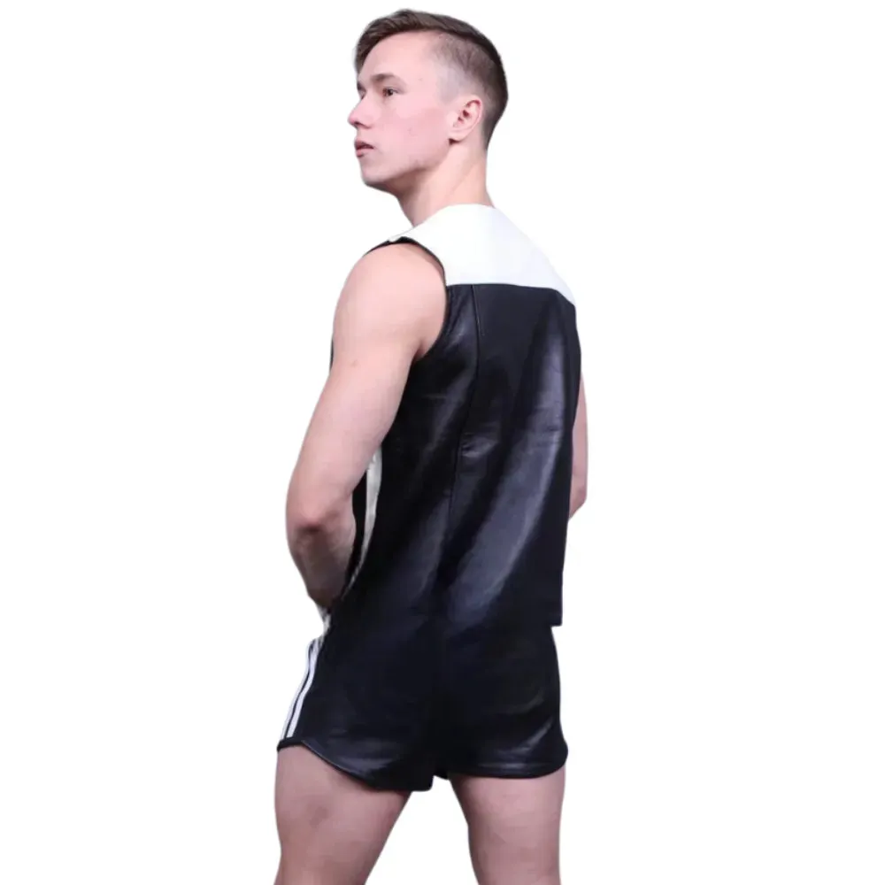 Black Gay Leather Zipper Vest With White Panels