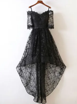 BLACK LACE EVENING DRESS BLACK LACE HIGH LOW PROM DRESS