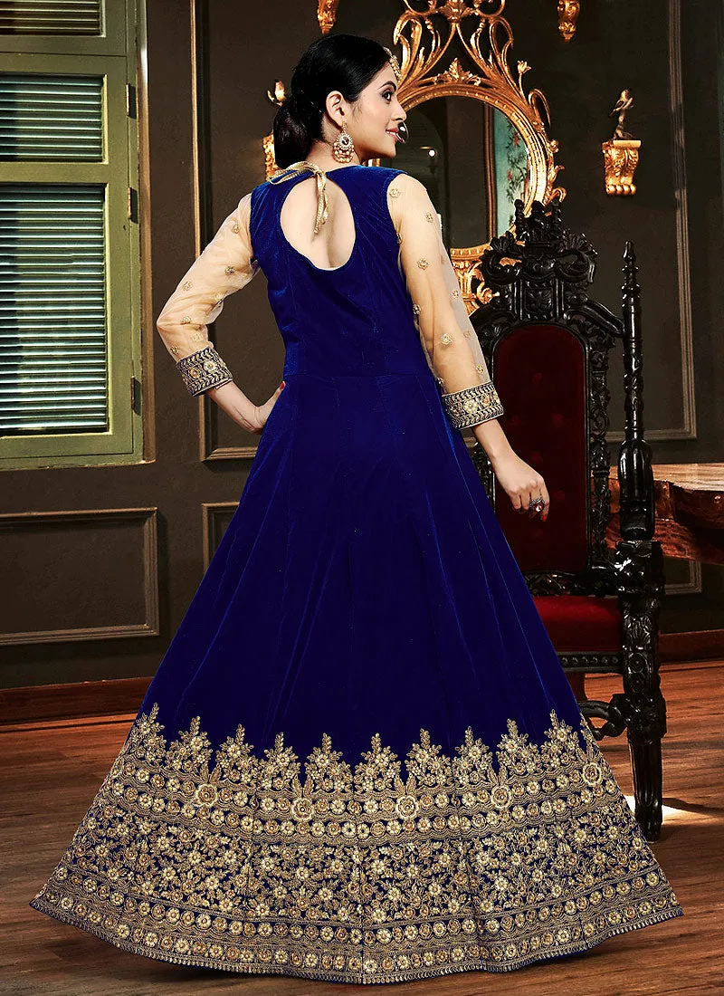 Blue And Golden Embroidered Velvet Anarkali Suit