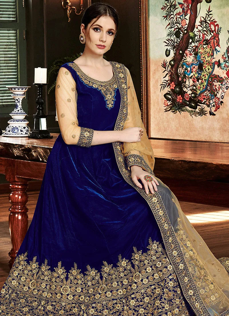 Blue And Golden Embroidered Velvet Anarkali Suit