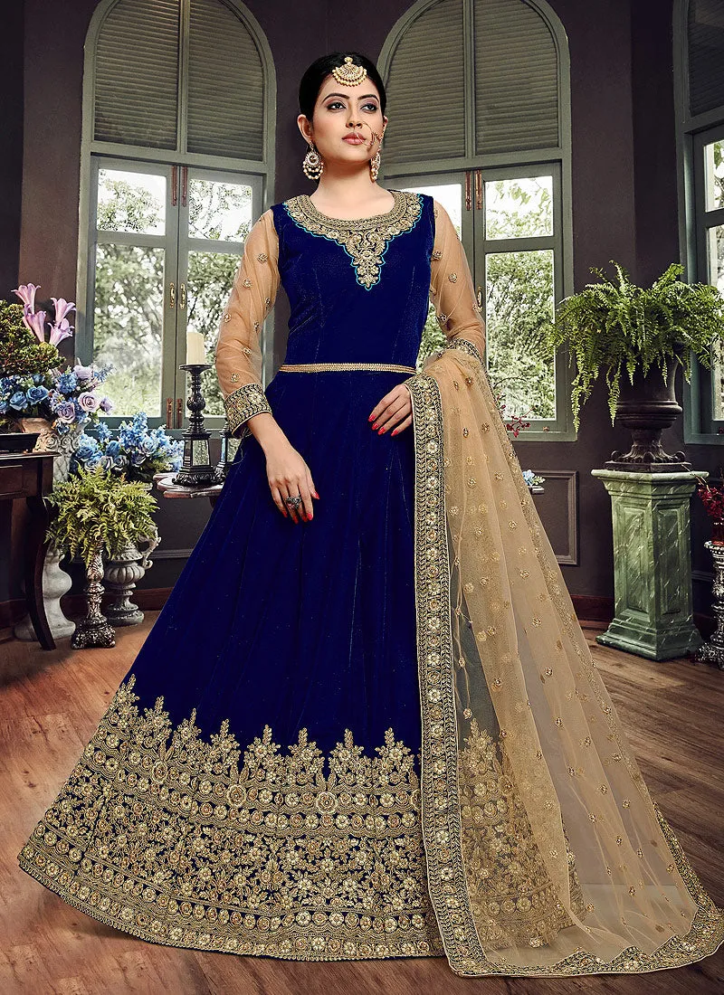 Blue And Golden Embroidered Velvet Anarkali Suit