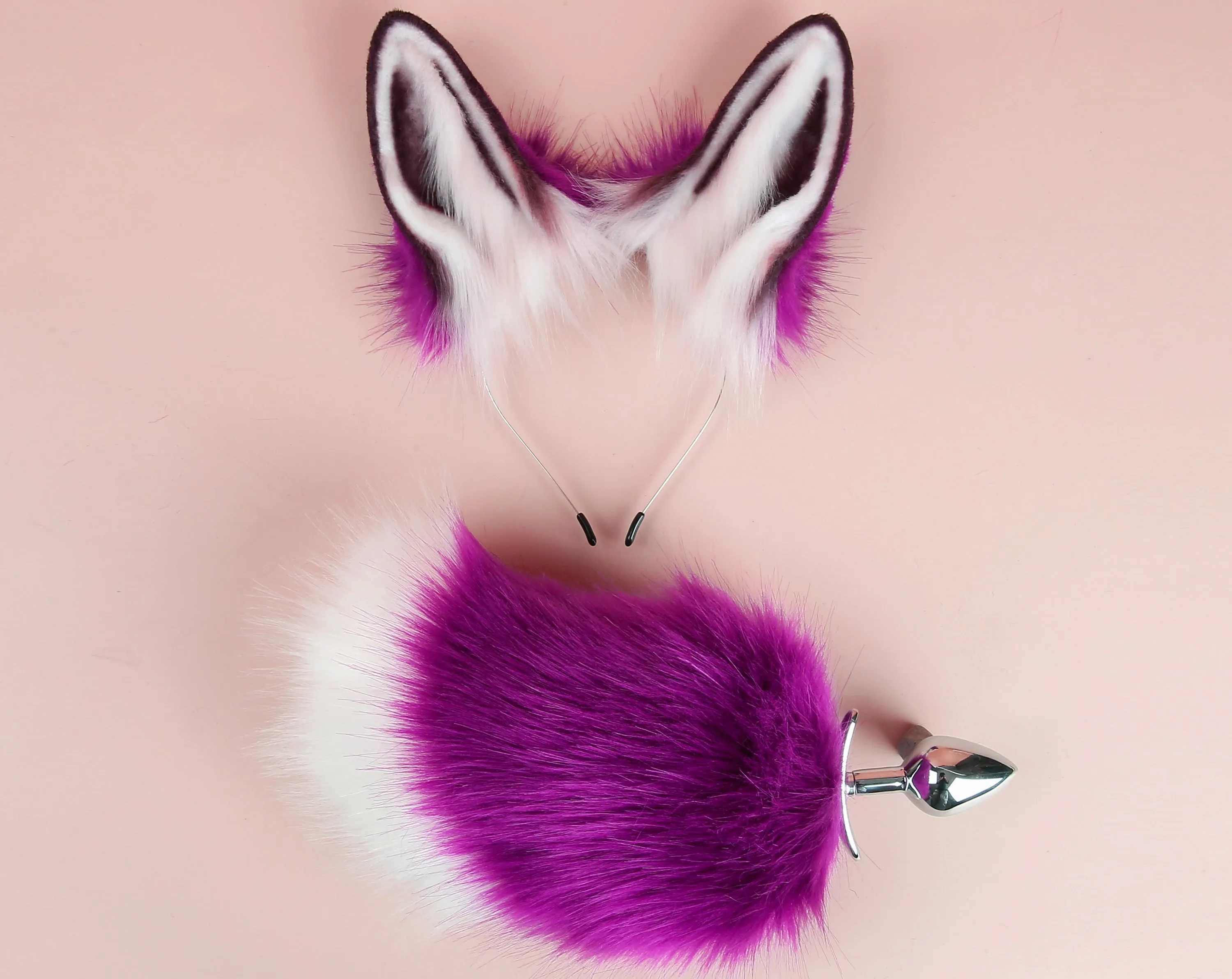 bunny tail plug and ear set purple white rabbit tail butt plug and ear neko cosplay anime sextoy bunny ear and tail buttplug petplay