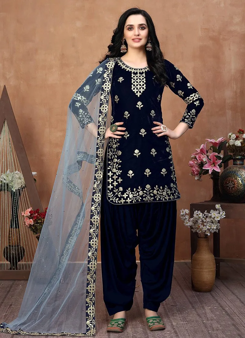 Captivating Blue Embroidered Designer Velvet Patiala Suit