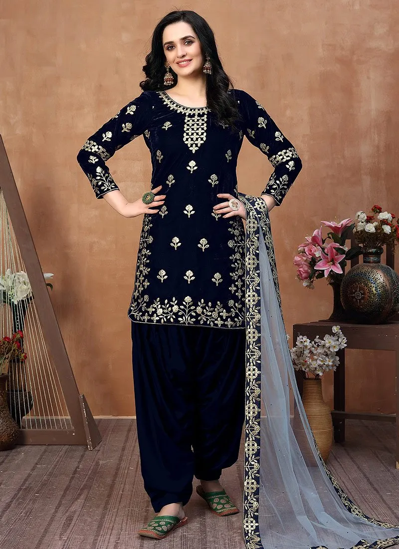 Captivating Blue Embroidered Designer Velvet Patiala Suit