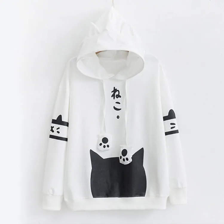 Cat Ear Paw Drawstring Letter Hoodie