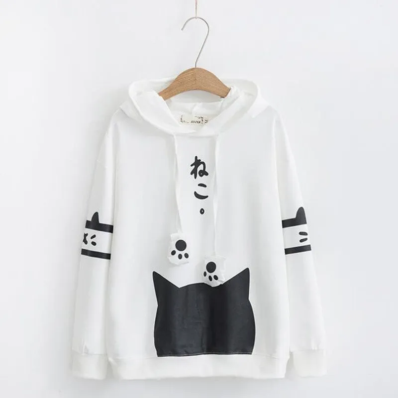 Cat Ear Paw Drawstring Letter Hoodie