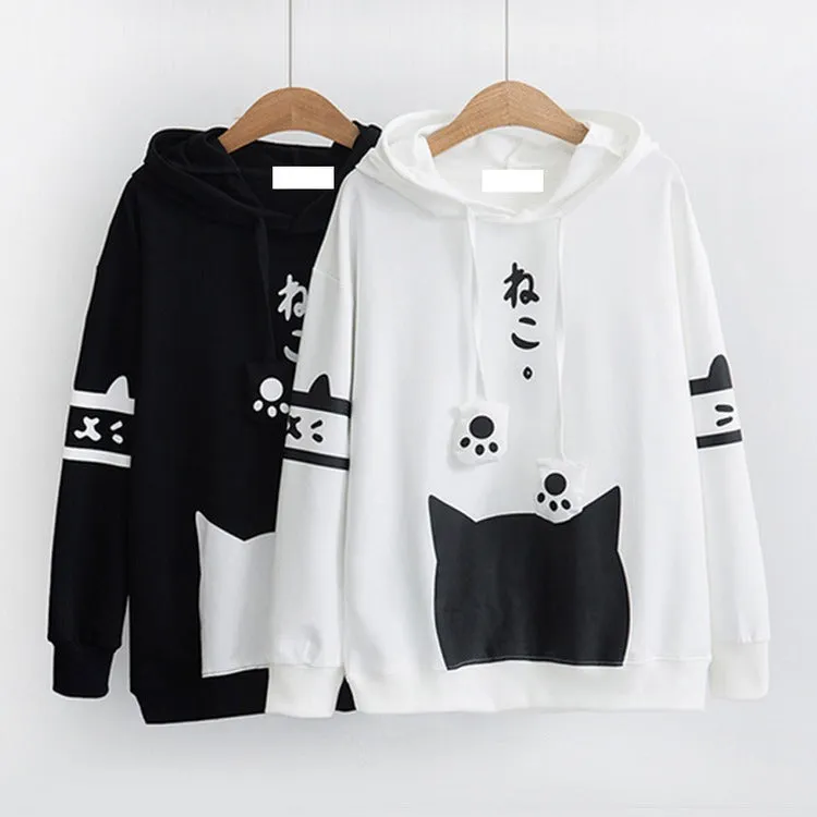 Cat Ear Paw Drawstring Letter Hoodie