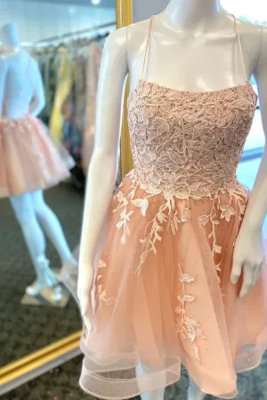 Champagne Lace Appliques Teen Homecoming Dress