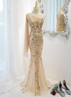 Champagne Mermaid Long Party Dress, Champagne Sequins Prom Dress