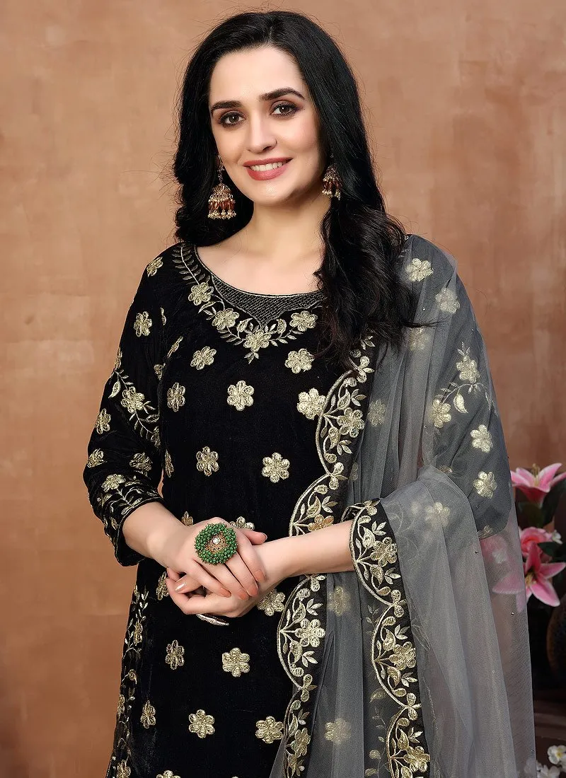 Classy Black Embroidered Designer Velvet Patiala Suit