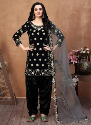 Classy Black Embroidered Designer Velvet Patiala Suit