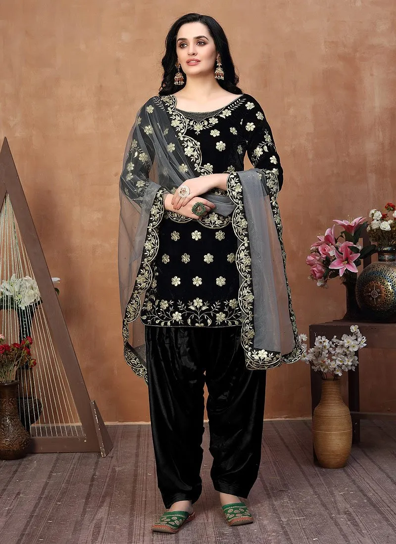 Classy Black Embroidered Designer Velvet Patiala Suit