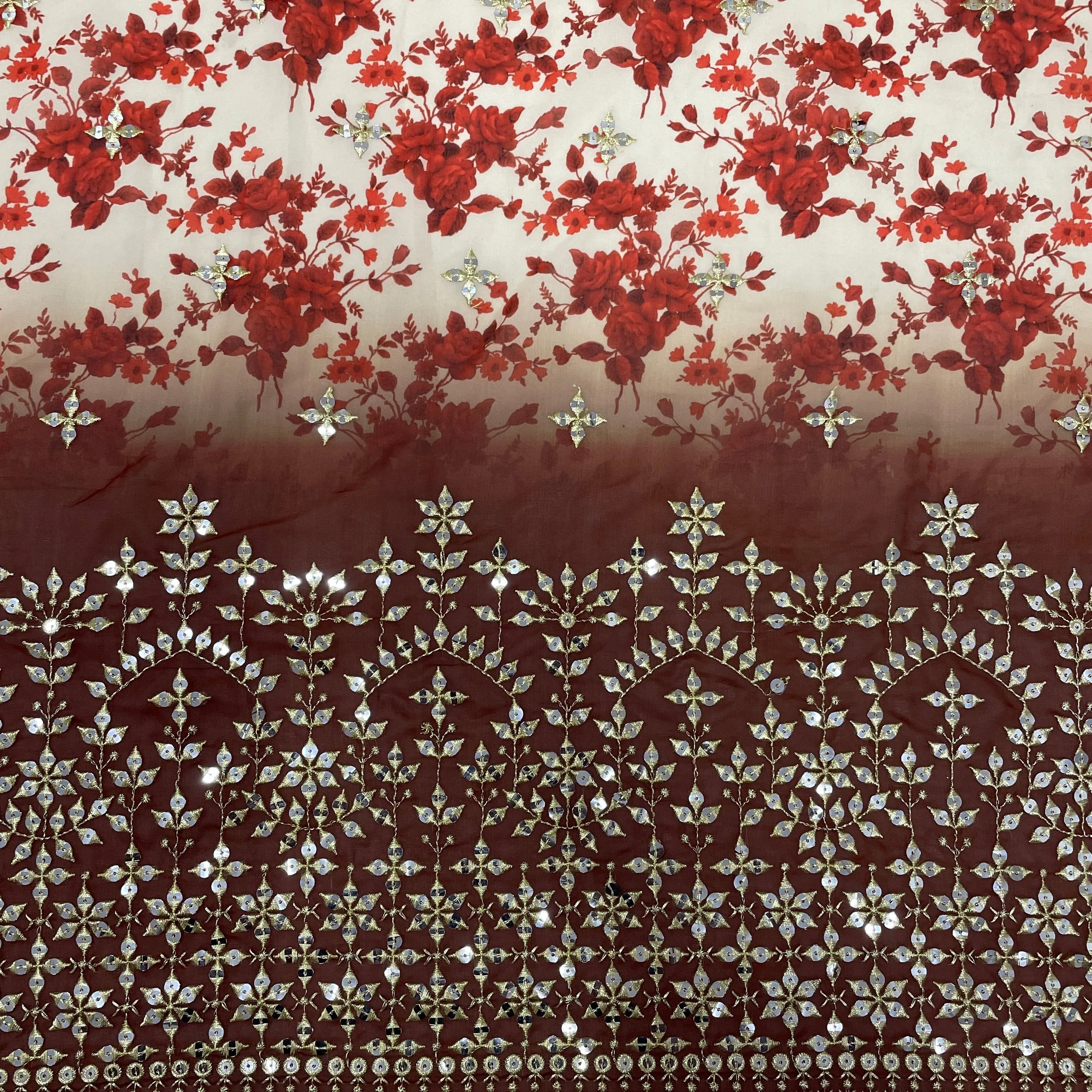 Cream With Brown Ombre Red Floral Embrodiery Georgette Fabric